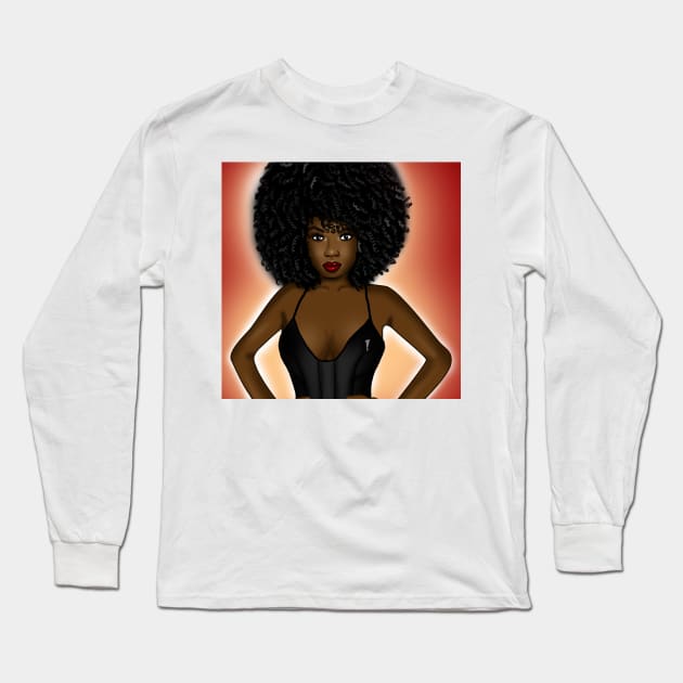 black girl magic digital art with big afro hair Long Sleeve T-Shirt by Spinkly Creations 